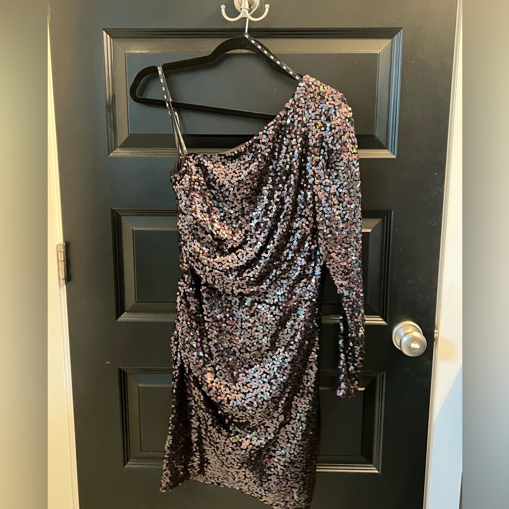 One sleeve sequin cocktail dress from SHO by Tadashi Shoji.